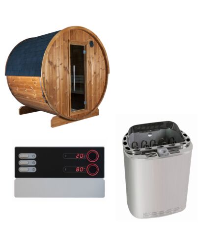 Sentiotec Sauna Set Fasssauna Kaski 180 Panorama mit Saunaofen Scandia Next Combi und Steuerung Pro B3 | klimaworld.com