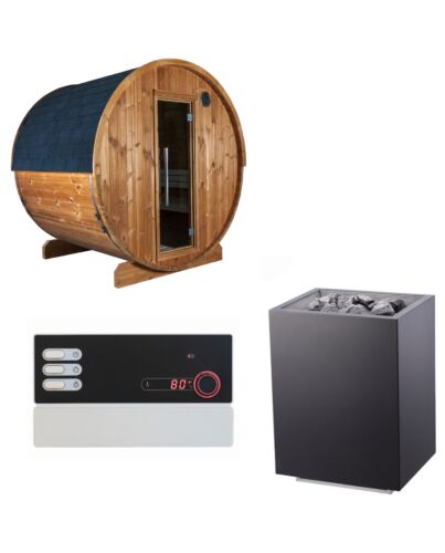 Sentiotec Sauna Set Fasssauna Kaski 180 Panorama mit Saunaofen Home FIN und Steuerung Pro B2 | klimaworld.com