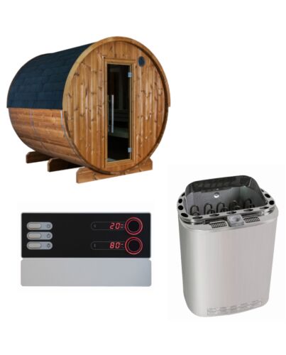 Sentiotec Sauna Set Fasssauna Kaski 220 Panorama mit Saunaofen Scandia Next Combi und Steuerung Pro B3 | klimaworld.com