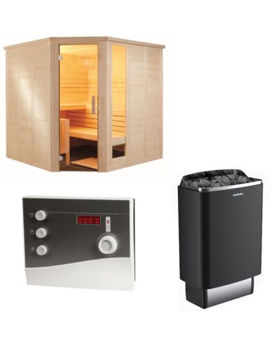 Sentiotec Sauna Set Komfort Corner Large mit Saunaofen 100 E und Steuerung K2-Next | klimaworld.com