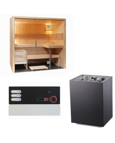 Sentiotec Sauna Set Panorama Small mit Saunaofen Home FIN und Steuerung Pro B2 | klimaworld.com