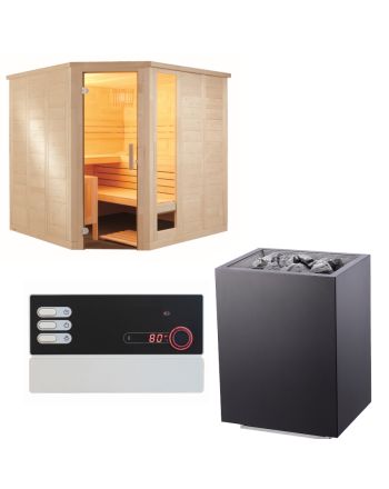 Sentiotec Sauna Set Komfort Corner Large mit Saunaofen Home FIN und Steuerung Pro B2 | klimaworld.com