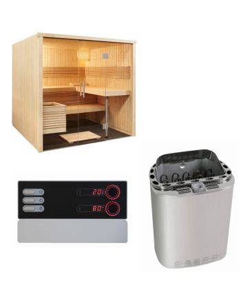 Sentiotec Sauna Set Panorama Large mit Saunaofen Scandia Next Combi und Steuerung Pro B3 | klimaworld.com