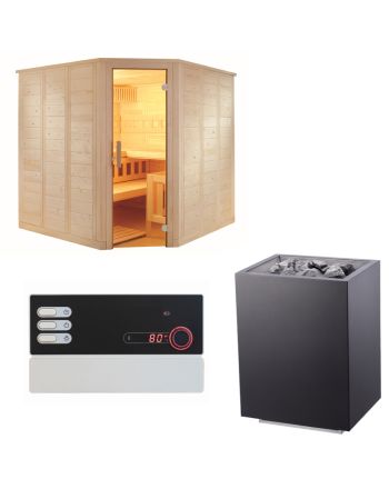 Sentiotec Sauna Set Wellfun Corner mit Saunaofen Home FIN und Steuerung Pro B2 | klimaworld.com